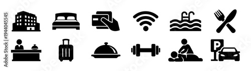 Hotel Services Icons Set – Hospitality Amenities Symbols Collection Black Solid Silhouette
