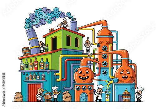 Whimsical cartoon distillery with chefs and gnomes making spirits and brewing