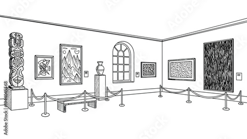 Museum gallery interior with various artworks sculptures and paintings displayed in an elegant setting black and white outline