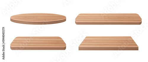 Wooden podium with natural wood grain texture, realistic vector illustration isolated on white background. Different shape platforms, light brown bases for product display