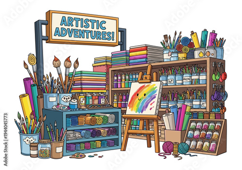 Whimsical art supply store filled with colorful paints, brushes, and craft materials