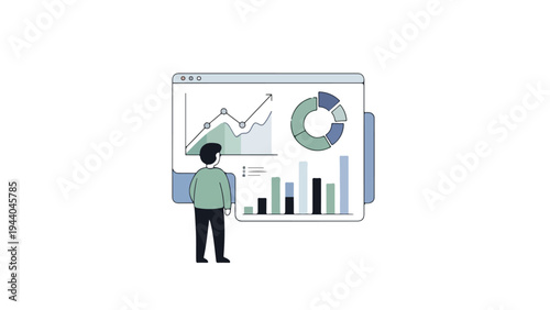 Illustration of a man standing in front of a large browser window displaying various business charts and graphs on a white background.
