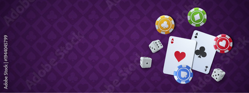 Casino poker cards, dices and chips on purple gaming table with classic pattern. Professional card game vector background for Vegas style gambling entertainment and tournaments.