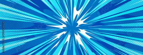 Comic book burst background with radial rays and halftone dots, cartoon vector illustration, dynamic blue pop art banner for super hero action scenes and manga-style graphic designs.