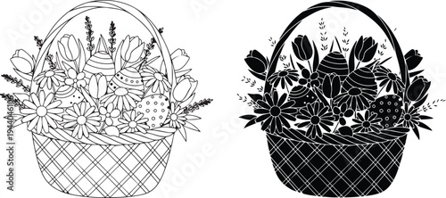 Illustrative depiction of an Easter basket overflowing with decorative eggs and springtime flowers