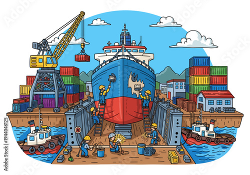 Cartoon illustration of a busy shipyard with workers repairing a large cargo ship