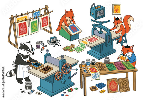 Cute animals creating art in a printmaking studio with presses and tools