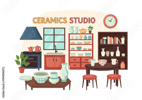 Cozy ceramics studio interior with pottery, shelves, and a sink area