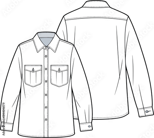 Flat sketch vector illustration of long sleeve denim shirt with button closure, pointed collar, front flap pockets and back yoke seam