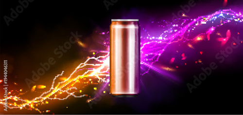Energy drink can and color lightning effects on black background. Vector realistic illustration of tin bottle mockup for soda or carbonated power beverage, drinking product advertising banner design