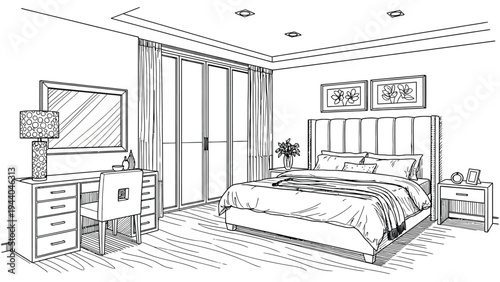 Modern master bedroom line art drawing featuring elegant furniture stylish vanity table comfortable double bed large windows with decorative curtains