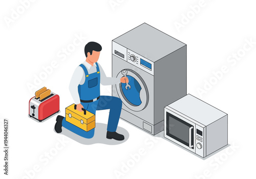 Home appliance repair technician with tools, fixing a washing machine and other kitchen appliances