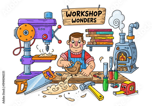 Cartoon woodworker carving a bird in a colorful workshop with tools and machinery