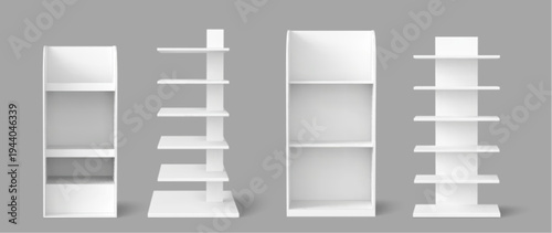 White book shelf, retail display stand mockup for supermarket products, 3d realistic vector illustrations. Empty wooden shelf rack for point-of-sale advertising, store gondola template isolated on bg