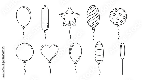 Collection of festive balloon icons in various shapes and patterns including stars hearts stripes and dots for party celebrations and holiday events