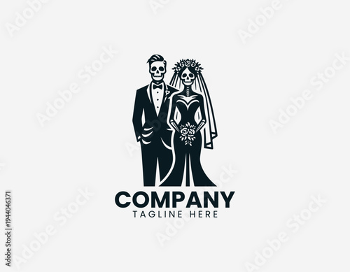 Skeleton bride and groom wedding couple in clean modern gothic romance vector illustration