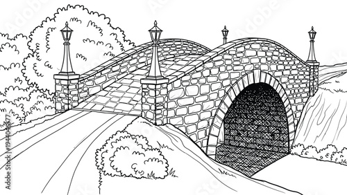 Stone arch bridge with cobblestone path and lampposts, picturesque landscape, historic crossing over river in rural countryside