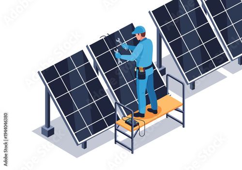 Professional technician installing and maintaining solar panels on a rooftop for renewable energy generation, illustration