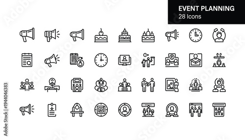 Event Planning Line Icons Featuring Megaphones, Venues, Scheduling Clocks, and Professional Networking Symbols.