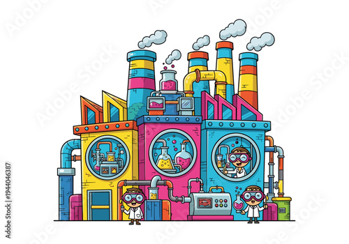 Colorful cartoon factory with scientists conducting experiments in colorful laboratory settings