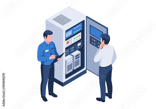 Two engineers inspecting an industrial control panel with schematics and monitors displaying data, isometric view