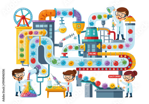 Cartoon scientists in a lab creating vaccines from colorful cartoon viruses in a complex machine