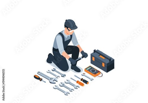 An isometric illustration of a mechanic kneeling beside a toolbox, surrounded by various wrenches, a multimeter, and screwdrivers, symbolizing repair and maintenance work