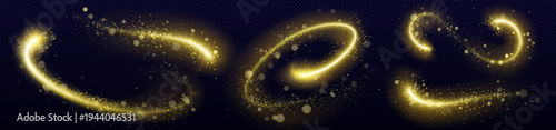 Magical golden glitter trail with sparkling dust particles and glowing star rays, vector swirl effect on dark transparent background. Festive wavy designs elements, shimmering powder