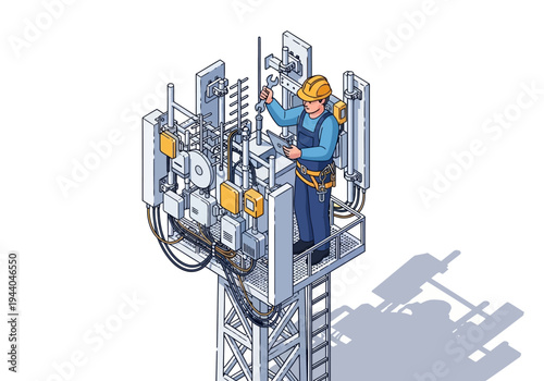A technician in a hard hat working on a cell tower with antennas and equipment, illustrating telecommunications and network maintenance