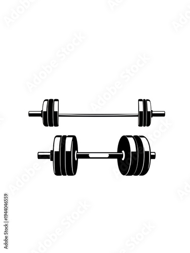 This minimalist black and white graphic displays two styles of weightlifting equipment, including a long barbell and a shorter hand dumbbell with stacked weight plates.