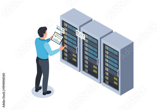 IT professional with a tablet analyzing data in a server room with racks of computers, representing technology and data management