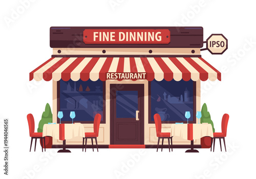 Charming restaurant facade with outdoor seating and "Fine Dinning" sign