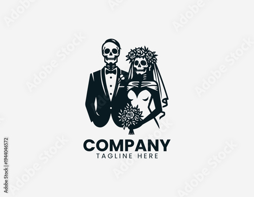 Skeleton bride and groom wedding couple in clean modern gothic romance vector illustration