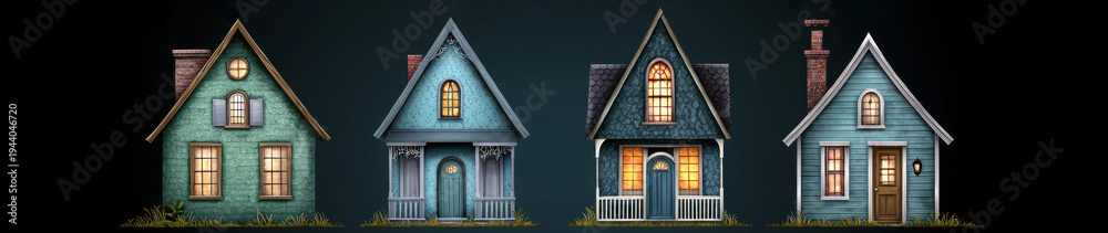 Obraz premium Pixelated Row Of Four Quaint Houses With Peaked Roofs Glowing Windows And Textured Facades