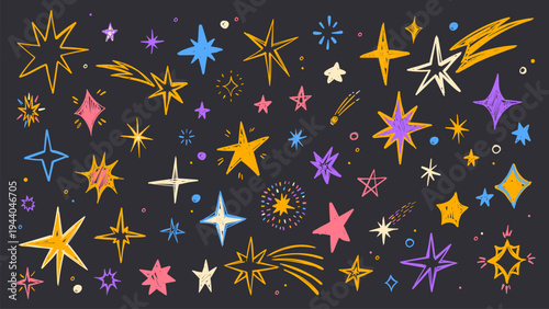 Hand drawn star doodles with colorful crayon textures, cartoon vector set isolated on black. Playful kid style sketches, magical sparkles and pastel chalk elements for creative designs