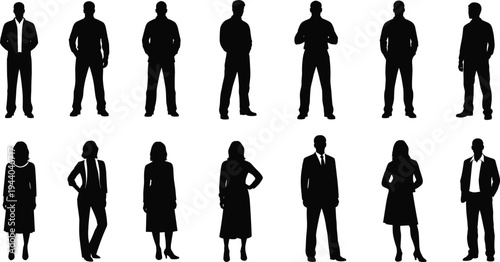 Business People Silhouettes Set Featuring Professional Men and Women in Formal Suits and Casual Office Wear Standing for Corporate Team Portfolios