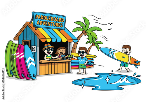 Happy people buying paddleboards at a beach rental stand for ocean adventures