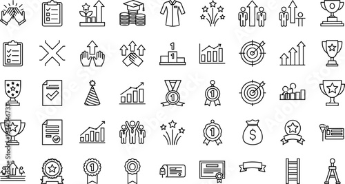 Business Success and Achievement Line Icon Set Featuring Trophy Awards Growth Charts Career Progress Financial Goals Competition Winners and Performance Symbols