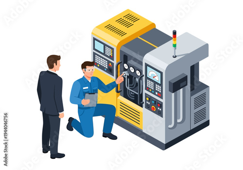 Two Men Inspecting a Complex Industrial Machine with Control Panels and Lights in a Workshop Setting