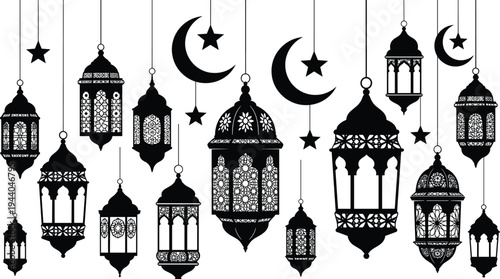 Ramadan hanging lantern silhouettes with crescent moon and stars decoration isolated on white background, traditional Arabic Islamic festive design for Eid Mubarak celebration