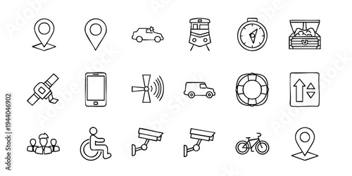 Various transportation icons and symbols are displayed on a screen.