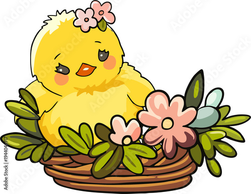 Happy Easter - a bright, cheerful composition in a modern style with folkloric elements (botanical ornament, lace). A flat digital illustration of Easter scenes.