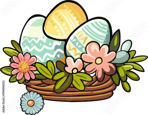 Happy Easter - a bright, cheerful composition in a modern style with folkloric elements (botanical ornament, lace). A flat digital illustration of Easter scenes.