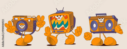 Groovy retro TV, camera, tape recorder characters set isolated on background. Vector cartoon illustration of vintage technology mascots walking in sneakers with smiling faces, cute 90s comic design