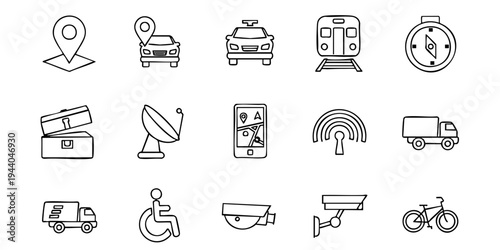 Various icons represent technology and transportation in a single illustration.