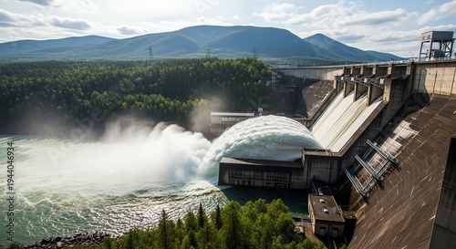 Massive hydroelectric power plant with powerful water discharge from the dam into a river, surrounded by lush green forests and mountains