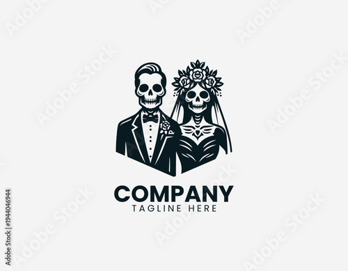 Skeleton bride and groom wedding couple in clean modern gothic romance vector illustration