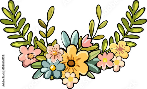 Happy Easter - a bright, cheerful composition in a modern style with folkloric elements (botanical ornament, lace). A flat digital illustration of Easter scenes.