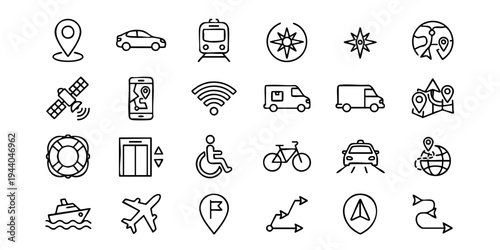 Transport icons illustrate various modes of travel and navigation on a map