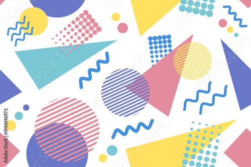 Memphis design seamless repeat pattern. Memphis 80s geometric colorful creative design vector illustration. For textile, texture, fabric wrapping, decorative, wallpaper, shirts, clothing, tablecloth